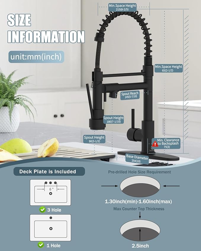 Kitchen Faucet with Soap Dispenser, Single Handle Spring Kitchen Sink Faucets with Pull Down Sprayer and Deck Plate,Black Faucet for Camper Farmhouse RV Kitchen Sink,Dual Function Spray Head