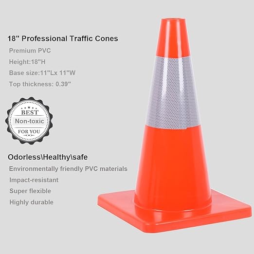 Reliancer 24PCS 18" Traffic Cones PVC Safety Road Parking Cones Weighted Hazard Cones Construction Cones for Traffic Fluorescent Orange w/4" Reflective Strips Collar
