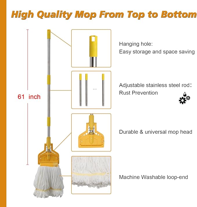 Commercial Heavy Duty Industrial Cotton Mop, 61 inch Metal Commercial Mop Stick for Home, Garage,Office, Workshop, Warehouse Floor Cleaning, 1 Pack