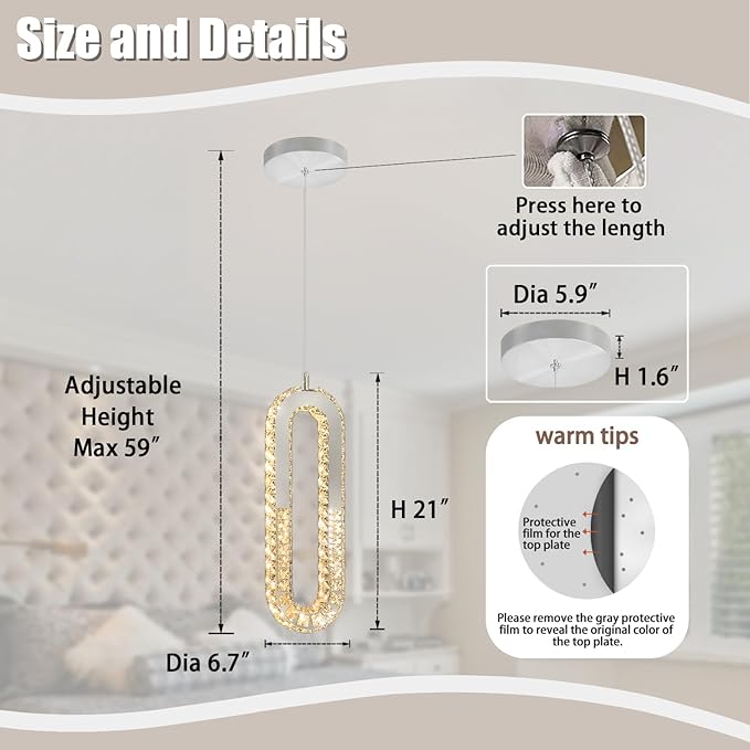 1-Ring Chandelier Silver Modern Pendant Lighting LED Dimmable Hanging Crystal Chandelier for Kitchen Island Foyer Lobby Living Room Staircaes