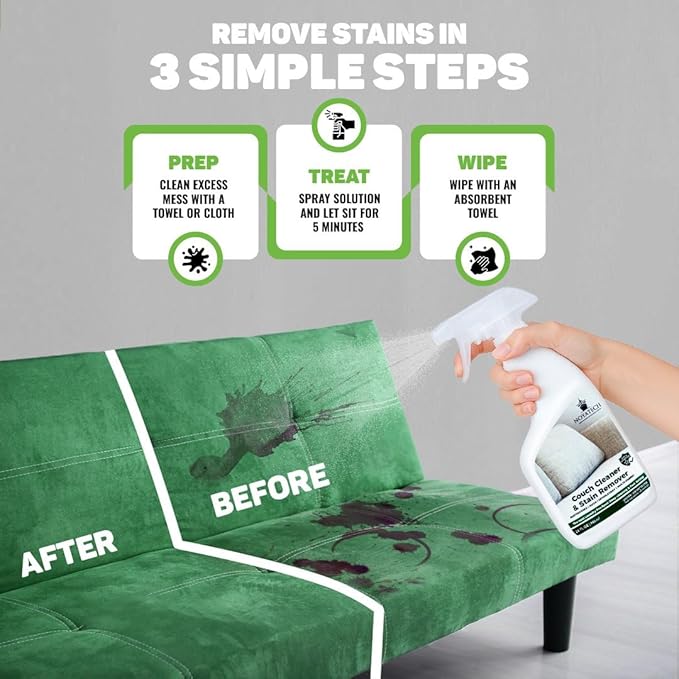 Travel size Couch Cleaner and Stain Remover. For sofas, car upholstery, carpets, rugs, mattresses, dining chairs, all Fabrics. Safe, for kids and pets.