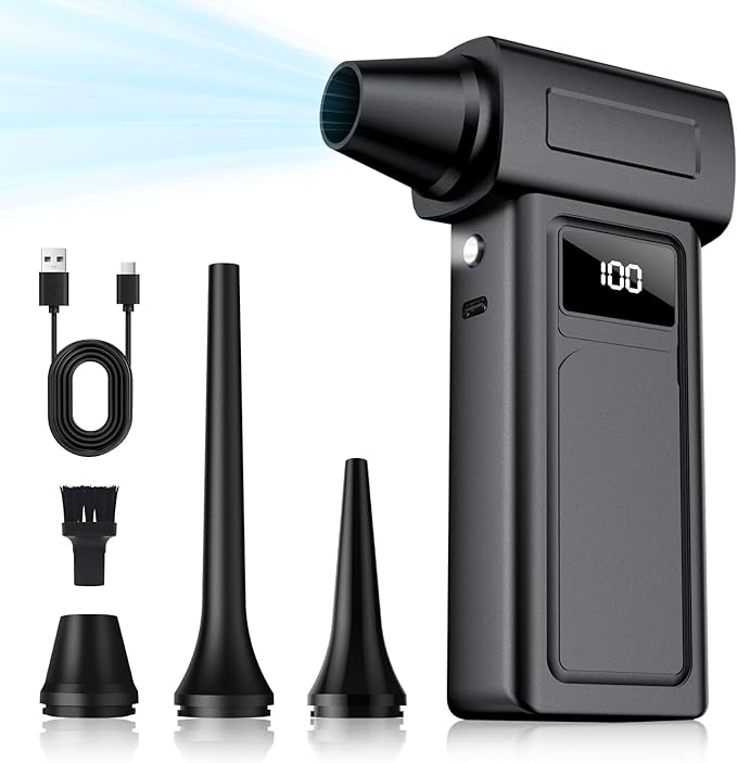 1-Second Turbo Blast — Compressed Air Duster 200,000RPM - Powerful Cordless Electric Air Blower with LED Light, 4-Speed Adjustable, Rechargeable Dust Cleaner for PC, Car，Home Canned Air Alternative