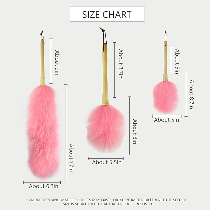 Lambs Wool Duster for Cleaning Window Blinds Computer Furniture TV Computer Screens Bookshelves Solid Wooden Handle Natural Feather Duster,26'', Pink
