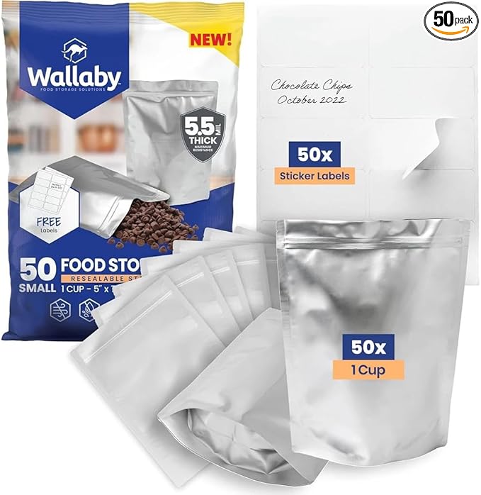 Wallaby 50 Count 1-Cup Gusset Mylar Bags with Labels, 11 Mil Total Thickness Long-Term Food Storage Pouches, 15x12 Stand-Up Zipper Heat-Sealable Airtight Packaging - Silver