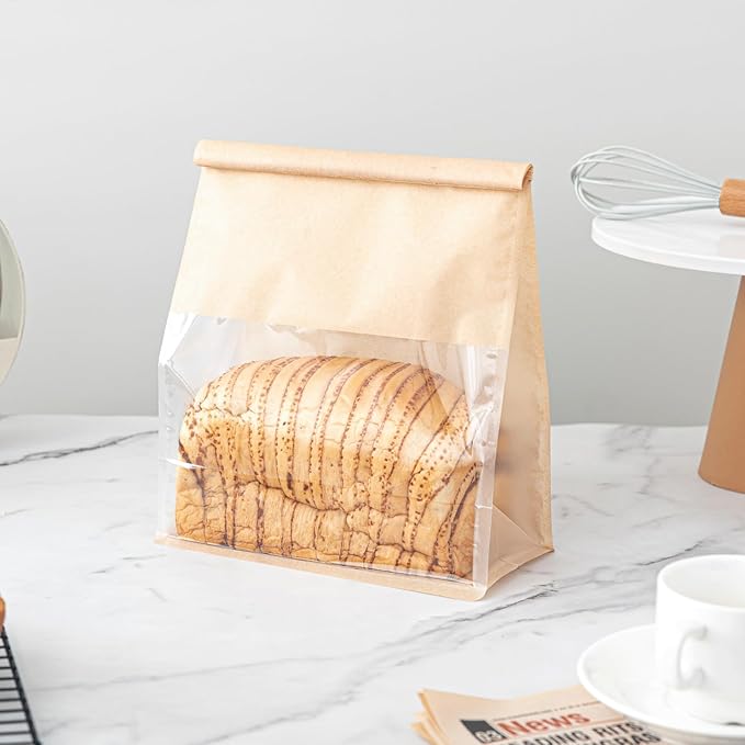 50 Pcs 8.6 Inch Bread Bags with Tin Tie, Large Loaf Bags Made Of Brown Cotton Paper, Storage Packing Bag with Clear Window for Bakery, Cafe, Homemade Bread