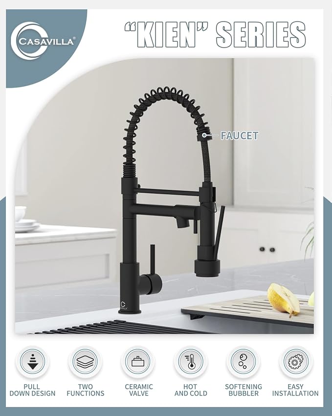 Kitchen Faucet, Black Kitchen Sink Faucets with Pull Down Sprayer, Single Handle Stainless Steel Faucets for Kitchen Sinks, Dual Function Spray Head, Farmhouse Kitchen Faucets,KF-B-8001
