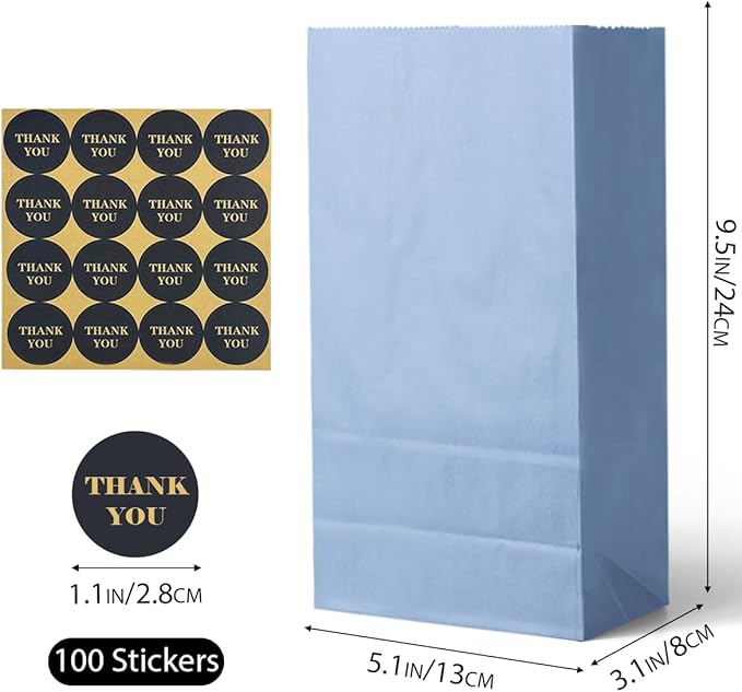 Bakepacker 100 Pcs Light Blue Treat Paper Bags with 100 Stickers 5.1"x3.1"x9.4" Small Party Gift Bag Snack Bag without Handle