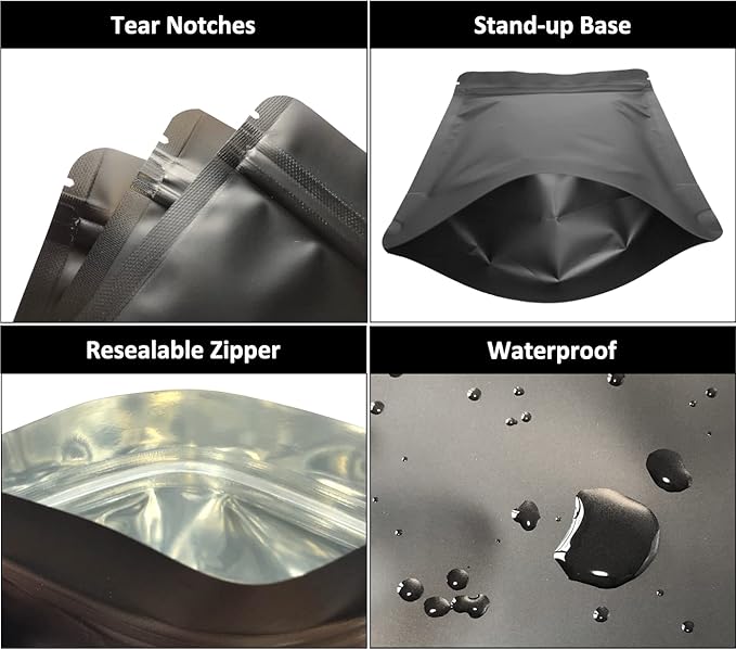 100 Pack Matte Black Stand Up Bags – 5 Mil 6.3x8.6 Inches Resealable Smell Proof Food Storage Zipper Pouch Bag, Large Heat Sealable Plastic Foil Packaging Pouches, Sample Pouch