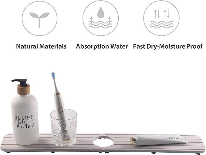 ZumenDa 23.6inch x 4inch Kitchen Sink Faucet Mat, Water Absorbing Stone Faucet Splash Guard for Bathroom Counter, Quick Drying Diatomite Tray for Kitchen Sink, Light Gray