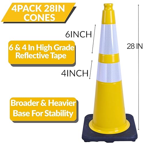 BESEA 4PACK 28 inch Traffic Safety Cones Yellow Road Parking Cones 28" Heavy Duty Construction Cone Structurally Stable for Traffic Control at Public Place(4PCS)