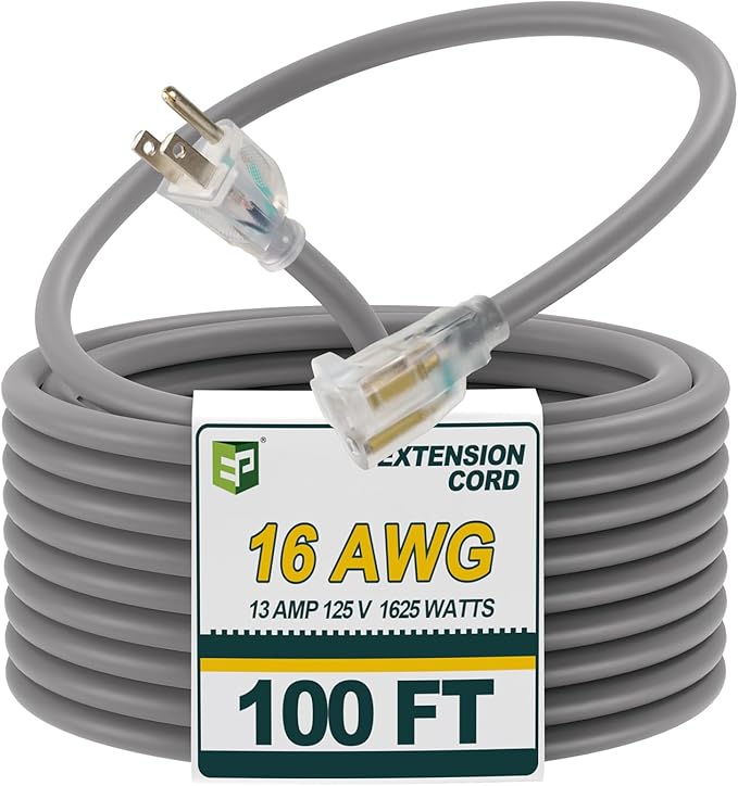 EP 100 Ft 16/3 SJEOW Heavy Duty Extension Cord, Grey Power Cable with LED Lighted Plug & 3-Prong Grounded Plug, Water-Resistant for Indoor/Outdoor Use, Lawn, Garden, Appliances & Tools