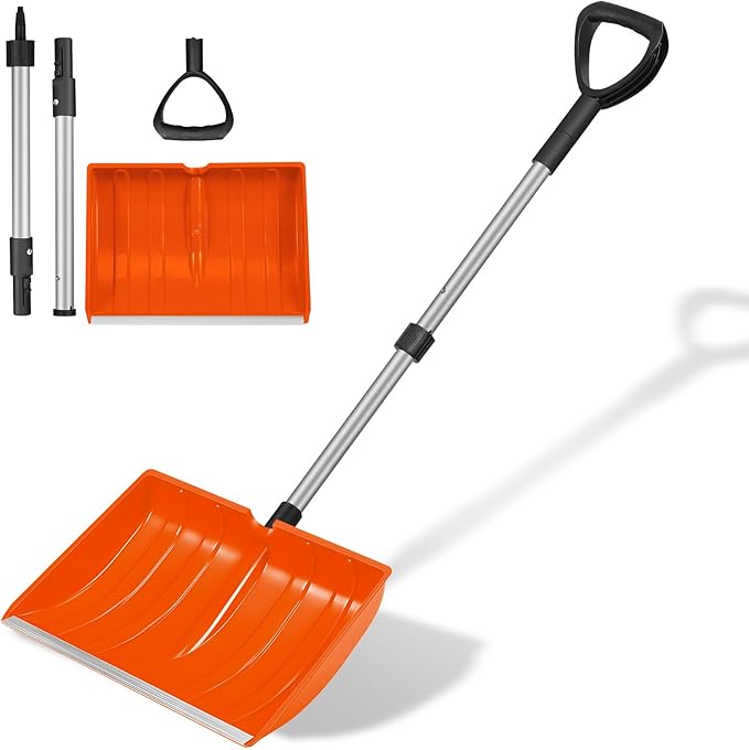 Ergonomic Large Snow Shovel for Driveway: 48-Inch Dual-Lock Knob Anti-Wobble Handle, 16" Plastic Blade w/Metal Edge, Ultra-Light 1.9 lb, Portable Aluminum Shaft, Car, Camping & Emergency, Orange