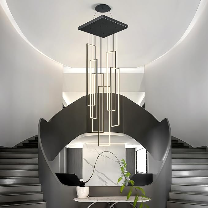 Modern Black Chandelier Dimmable 6 Rings Rectangle Pendant Lighting Living Room Foyer High LED Ceiling Chandelier 4000K Staircase Pendant Light Fixture