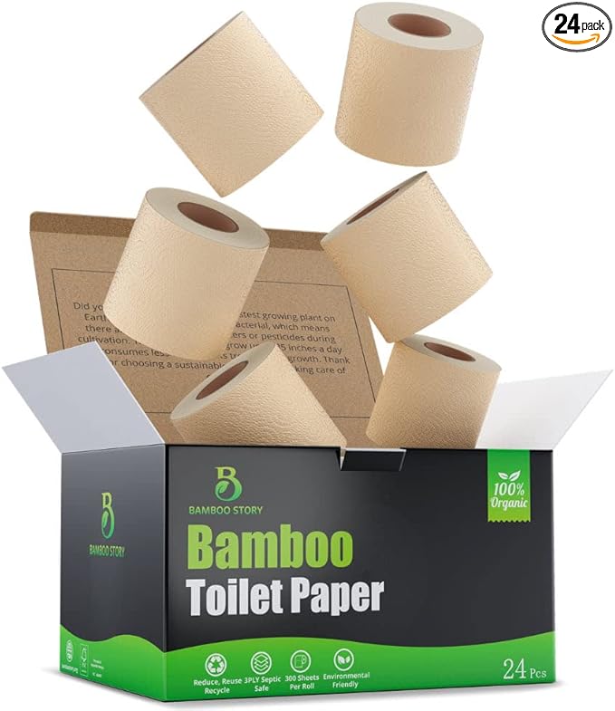Premium Bamboo Toilet Paper, PFAS Free, Chemical Free Toilet Paper, Unbleached, (24) 3PLY & 300 Sheets, FSC Certified, Organic Brown, Plant-Based, Tree-Free, Plastic Free, BPA Free (24)