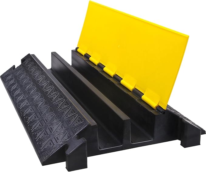 Large 2-Channel Rubber Floor Cable Protector Ramp, Heavy-Duty Floor Cable Wire Cord Cover Speed Bumps, Driveway Hose Cable Ramp Protective Cover (2 Large Channels)