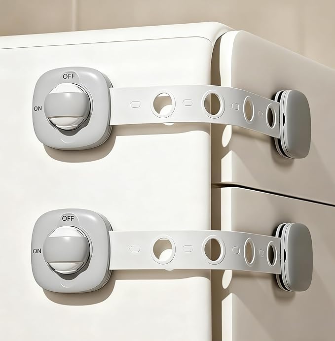 Refrigerator Lock (2 Pack) Child Safety Cabinet Drawer Door Latches Adjustable Strap,3M Adhesive Cabinet Drawer Door Lock No Screws & Magnets Multi-Purpose for Furniture Kitchen Ovens Toilet Seats.