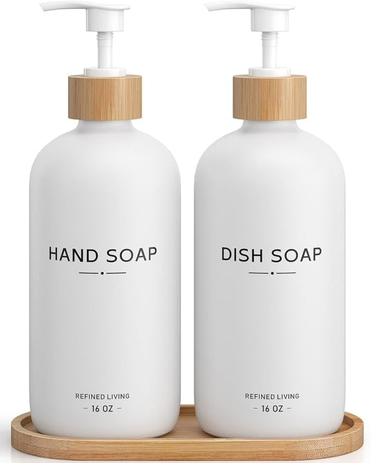 Hand and Dish Soap Dispenser Set,16oz Glass Bottles with Printed Labels, Bamboo Tray & Pump,Countertop Soap Dispensers for Kitchen,Luxury, Minimalist & Farmhouse Decor (Hand Dish (White))