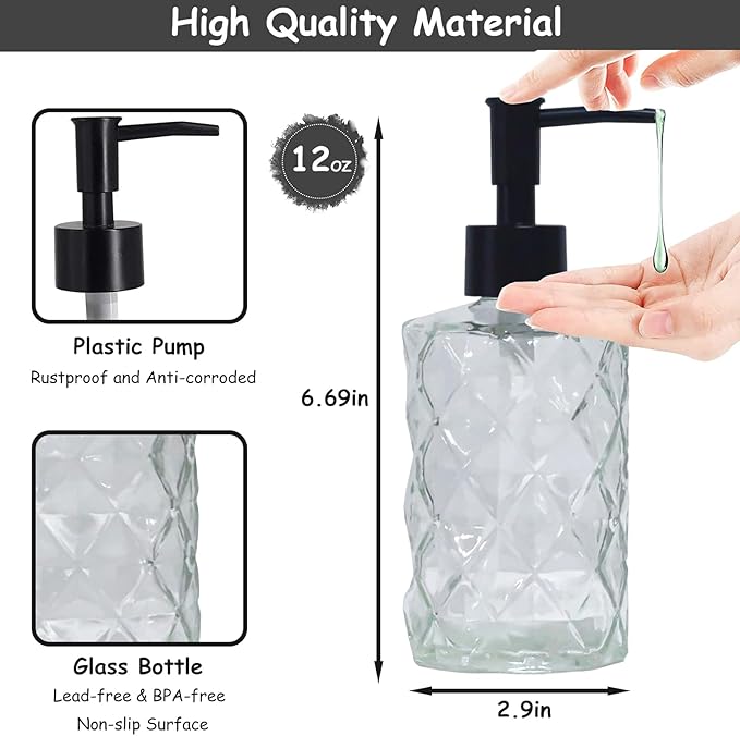 Crystal Glass Soap Dispenser, 12oz Clear Bathroom Hand Dispenser, Lotion Dispenser with Black Plastic Pump for Modern Home Decor, Kitchen Countertop, Hotel