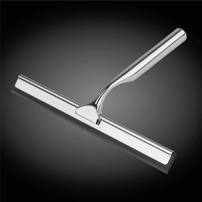DSV Standard All-Purpose Shower Squeegee for Shower Doors, Bathroom, and Car Windshield - Stainless Steel Window Cleaner Tool with Adhesive Hook - 10 inch, Silver