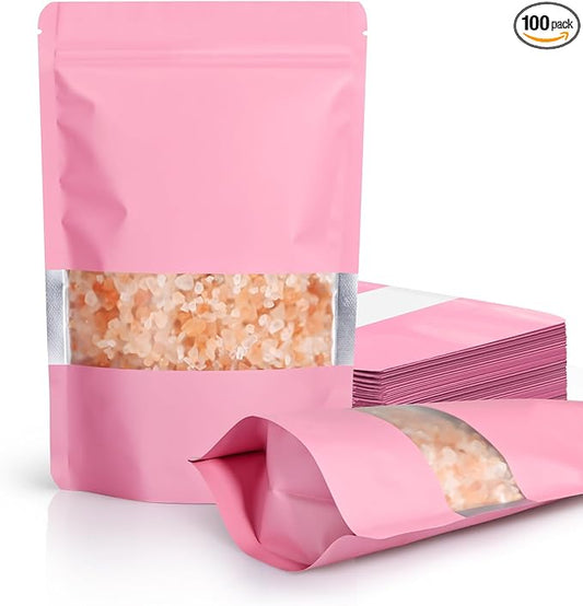 FireKylin 100 Pack Smell Proof Bags 6.3" x 9.4", Resealable Bags with Matte Window, Foil Pouch Stand Up Sealable Bags for Packaging（Pink）
