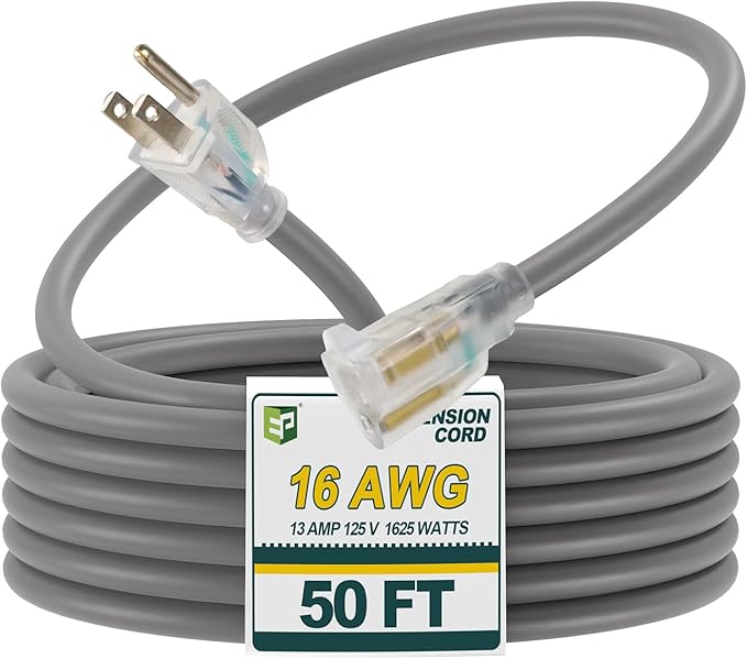 EP 50 Ft 16/3 SJEOW Heavy Duty Extension Cord, Grey Power Cable with LED Lighted Plug & 3-Prong Grounded Plug, Water-Resistant for Indoor/Outdoor Use, Lawn, Garden, Appliances & Tools