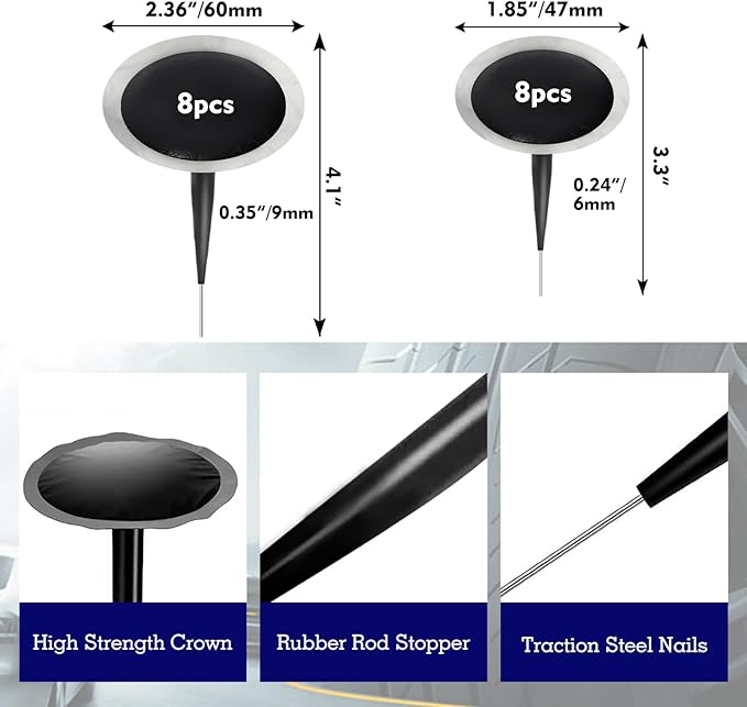 Tire Plug Kit Tire Patch Kit Heavy Duty, Tire Plug Repair Tools, 16Pcs Tire Patch Plugs, Tire Patch Roller Kit with 4mm Round Shank Twist Drill Bit for Vehicle