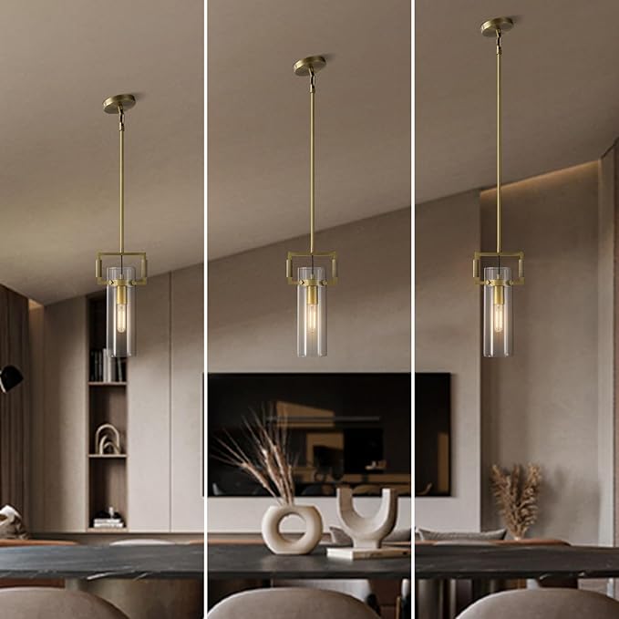 Modern Gold Kitchen Island Pendant Lights, 12 Inch 1-Light Adjustable Pendant Light with Glass Shade & Brass Finish, Hanging Light Fixture for Kitchen, Dining Room, Bathroom, Living Room