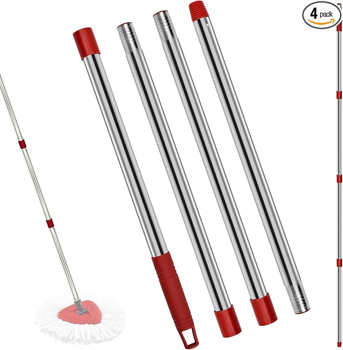 4 Section Stainless Spin Mop Replacement Handle for O Cedar Spin Mop Handle for Ocedar Spin Mop Handles Adjustable 30" to 58" Mop Stick Pole to Various Floor Clean, Universal Screw Joint (No Mop Head)