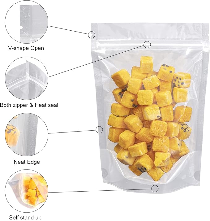 50 Pcs 7.9"X5.5" Clear Stand Up Zipper Seal Bgas,Reuseable Plastic Pouch for Food Storage, Transparent Sealing Food Pouches Snack Packing,Cookie,Snack,Spices,Pet Food and Drinking