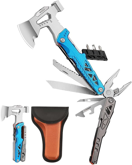 20-in-1 Camping Multitool, Survival MultiTool with Pilers,Axe, Adjustable Wrench, Hammer, Screwdriver, Pouch, Outdoor Hiking Multi Tool Carbon Steel Compact Hatchet Gifts for Men Dad Him