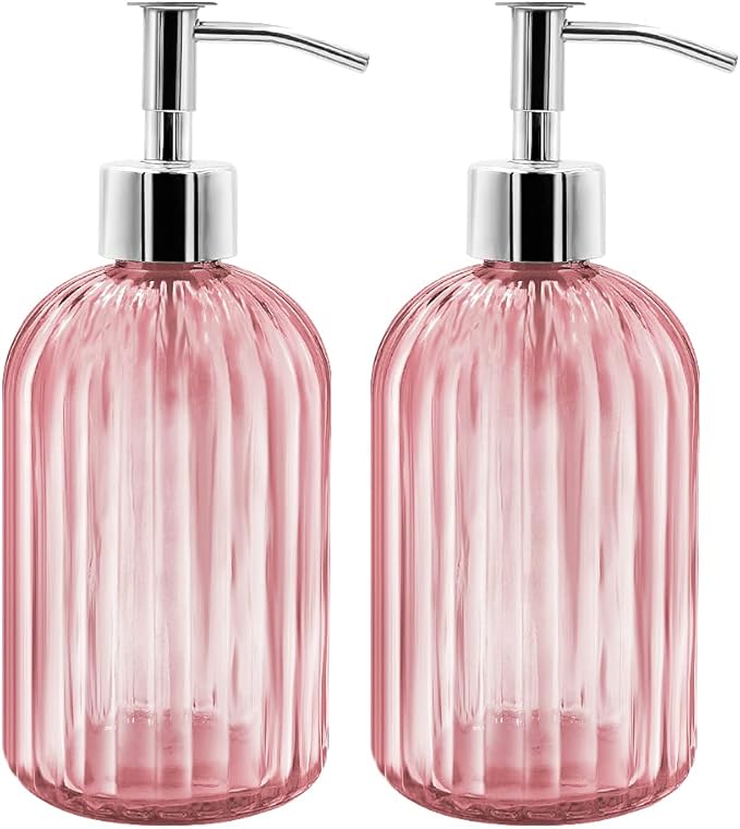 2 Pack Pink Glass Soap Dispenser Bottle with Pump, 14 Oz Refillable Liquid Hand Jar Dispenser for Bathroom, Countertop, Kitchen, Laundry Room