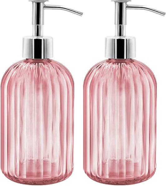 2 Pack Pink Glass Soap Dispenser Bottle with Pump, 14 Oz Refillable Liquid Hand Jar Dispenser for Bathroom, Countertop, Kitchen, Laundry Room