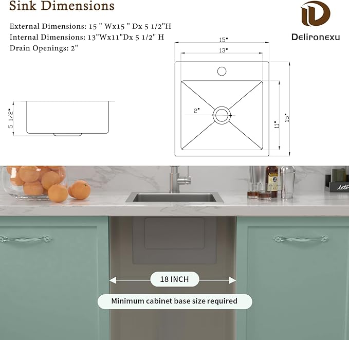 15 Inch Drop In Bar Sink – Delironexu 18 Gauge Stainless Steel Small Kitchen sinks & Small Bar Sink, 15"x15" Wet bar sink with 2" Drain Hole, Brushed Finish, Ideal for RV, Prep, and Outdoor Use