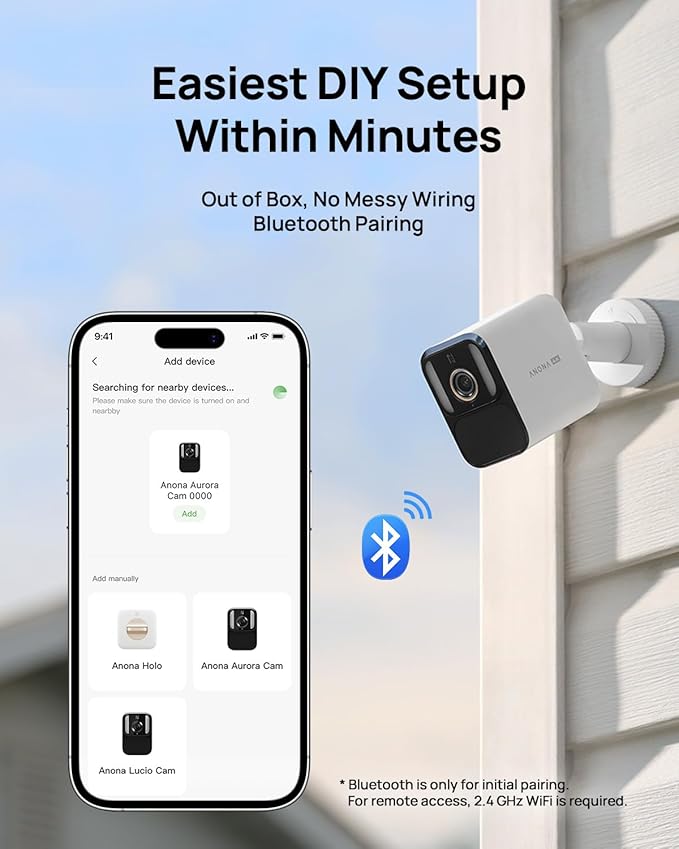 Anona Aurora 4K Solar Security Cameras Wireless Outdoor, Forever Power with Solar Panel, 8MP Color Night Vision, 24/7 AOV Recording, No Monthly Fees, AI Detection, Easy Setup, 2.4 G WiFi, IP67, 4 Pack