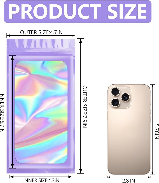 Funfery 100 pcs Smell Proof Purple Mylar Holographic Bags Packaging Bags,Resealable Odor Proof Bag Foil Pouch Zipper Bag for Food Storage,Lipgloss,Jewelry,Eyelash Small Business Packing (4.7x7.9In)