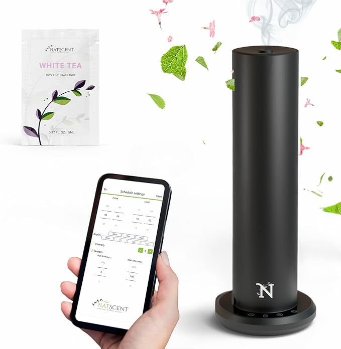 Dynamo Hotel Scent Diffuser – Cold-Air Essential Oil Diffuser for Home & Large Rooms up to 1000 sq ft, App & Manual Control, Hypoallergenic, Includes White Tea Fragrance Sample – Black