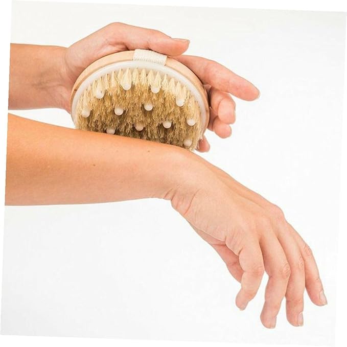 Exfoliating Bath Brush with Natural Bristles and Hand Strap Medium Stiffness Shower Scrubber for Dead Skin Removal Massage and Stimulation Body Brush for Feet Knees and Legs