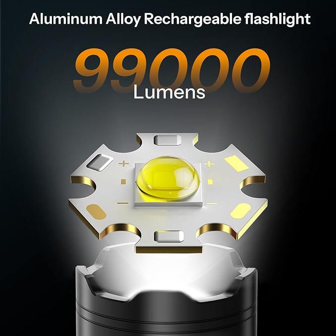 Rechrgeable EDC Flashlight, 99000 High Lumens Super Bright Flashlight, 5 Mode Flash Light with LED Display, Waterproof Powerful Handheld Light for Camping Hiking Emergency Home, 2pack