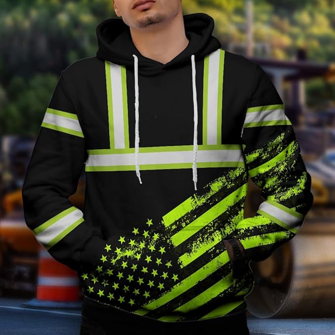 Color US Flag High Visibility Hoodie for Men Women Reflective Tapes Safety Workwear for Worker Runner Patriotic