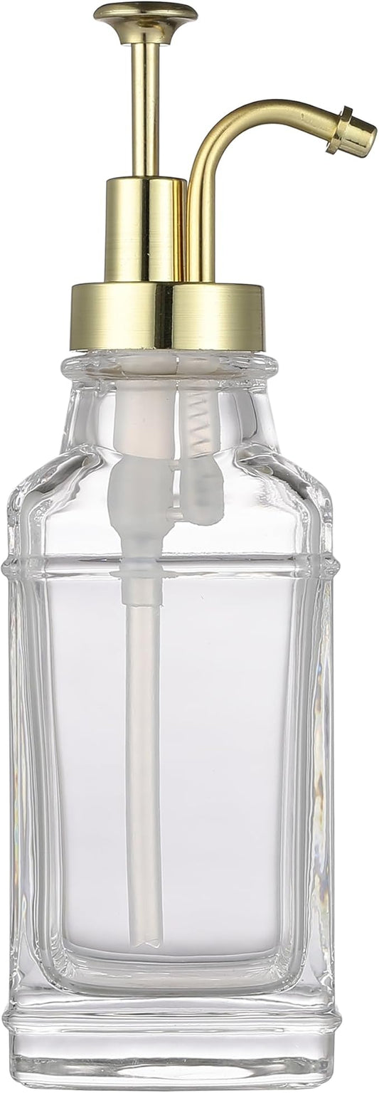Clear Glass Soap Dispenser with Brushed Gold Finish Pump, Modern Refillable Pump for Bathroom, Kitchen, or Office, Elegant Accent Piece for Interior Decoration