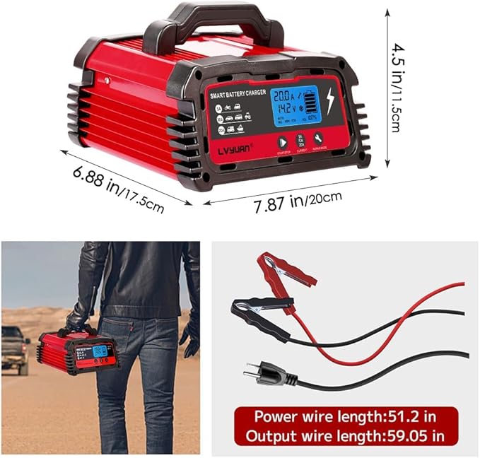 LVYUAN 20A Smart Car Battery Charger, 12V (5/10/20A) and 24V(5/10A) Automotive Charger, Battery Maintainer with LCD Display, Trickle Charger, for Motorcycle, AGM, Lawn Mower and Lead-Acid Batteries