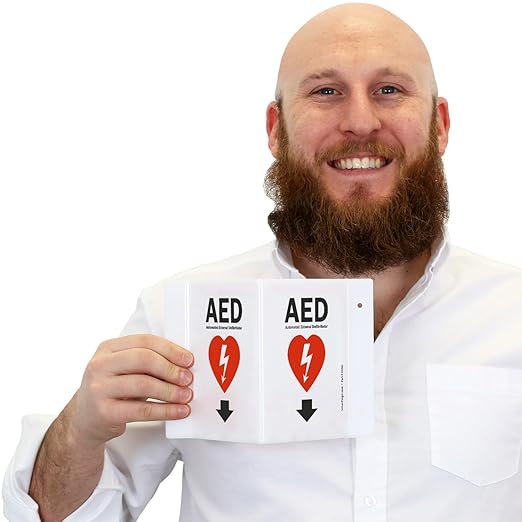 SmartSign (2-Pack) AED Projecting Sign with Down Arrow - 5" x 6", Two-Sided Wall Mount Polished Acrylic Corridor V-Sign, Red, White and Black