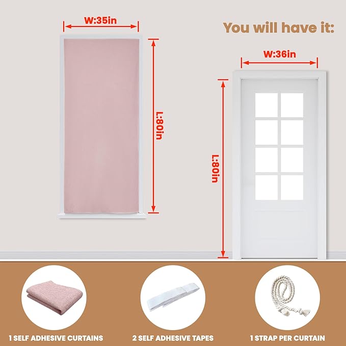 JILROIN Self Adhesive Curtains,100% Blackout Window Cover,No Drilling,Easy to Install,Provides Privacy Protection for Bedrooms (Light Pink - W35 × L80 in)