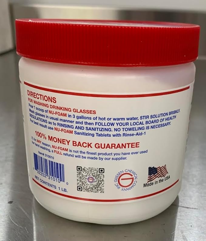 Nu-Foam Glass Washing Powder - Detergent for Bar Glassware – Original Streak-Free Solution - Hand Washing Bar, Tavern, Brewery Supplies - Concentrated 1 Lb Jar