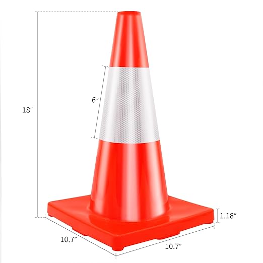 RELIANCER 4PCS 18" Traffic Cones PVC Safety Road Parking Cones Weighted Hazard Cones Construction Cones for Traffic Fluorescent Orange w/4" Reflective Strips Collar