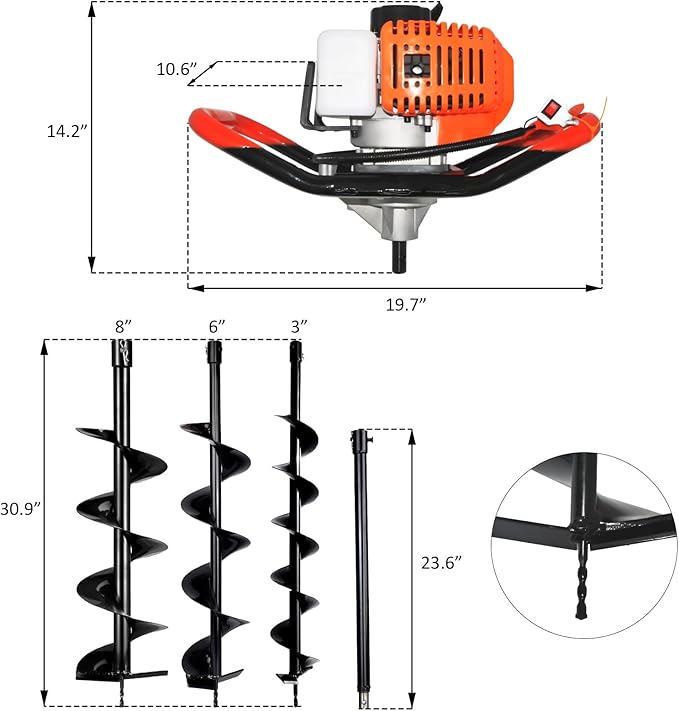 Post Hole Digger, 62CC 2 Stroke Auger Post Hole Digger, Gas Powered Earth Digger 3 Auger Drill Bits(3"& 6"& 8'') and 3 Extension Rods for Farm Garden Plant