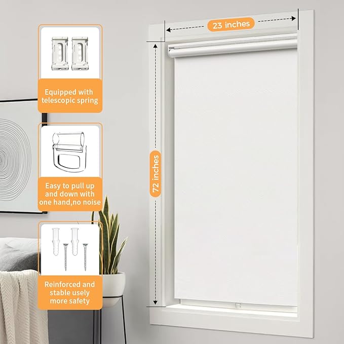 Cordless Roller Shades Blackout Blinds for Windows Room Darkening Rolled Up Shades with Spring System, UV Protection Window Shades Door Blinds for Home and Office (White, 23" W x 72" H)