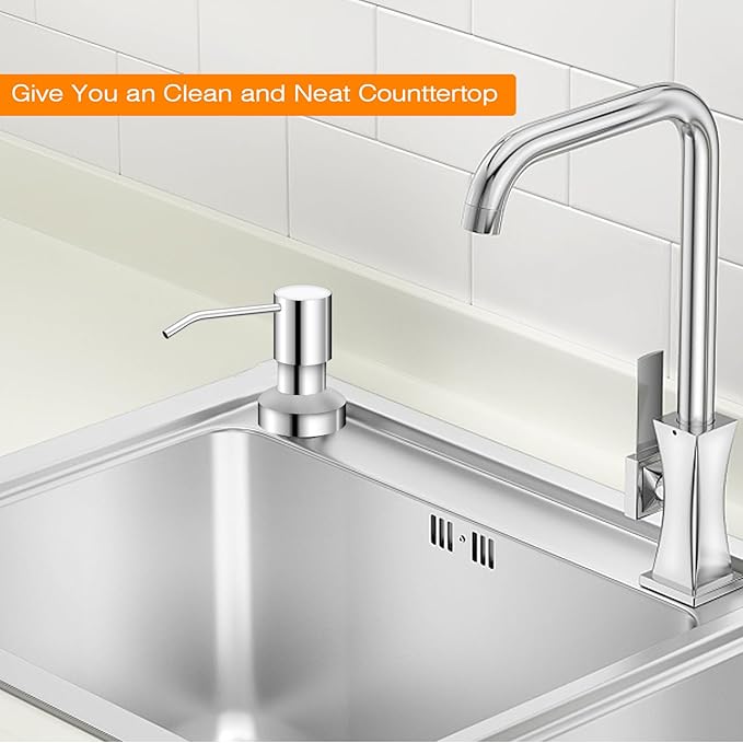 Sink Soap Dispenser for Kitchen Sink, Countertop Built in Sink Soap Dispenser with 47” Extension Tube kit, No Need to Fill The Little Bottle Again (Chrome)
