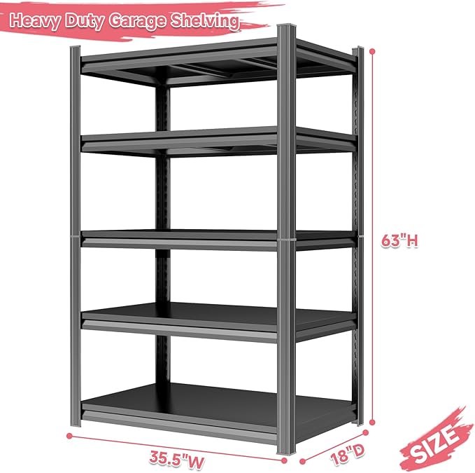 35.5" W Storage Shelves Heavy Duty, 2500LBS Metal Garage Shelving Units, 5 Tier Storage Rack Shelf, Steel Industrial Shelving, Adjustable Standing Shelf for Basement, Warehouse, Black