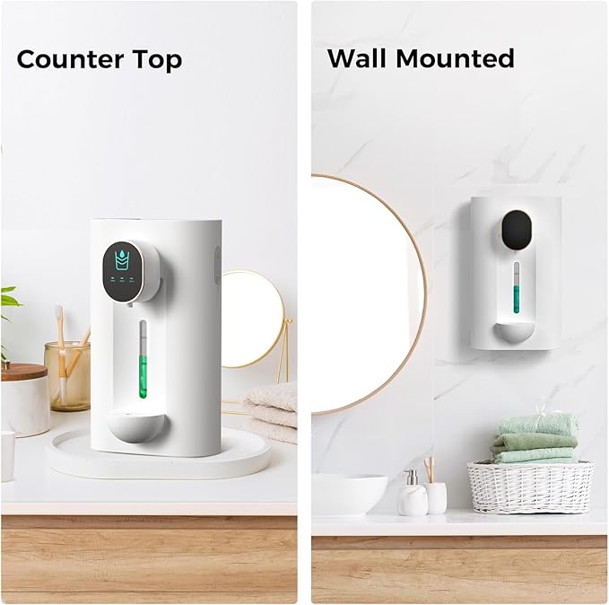 Oylik Automatic Mouthwash Dispenser 18.26 oz Touchless Mouthwash Dispenser for Bathroom 2 Magnetic Cup USB Rechargeable and 3 Dispensing Levels with Led Screen Wall-Mounted or Countertop Use-White
